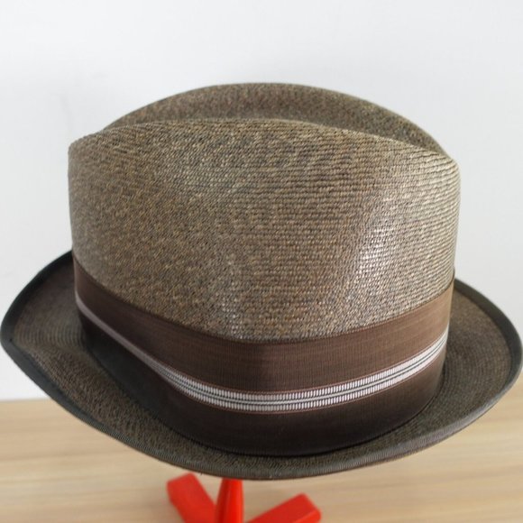 VINTAGE KNOX Hat Adult 7 1/4 Brown Panama Straw Trilby Jazz Cuban Summer 90s - Picture 7 of 16